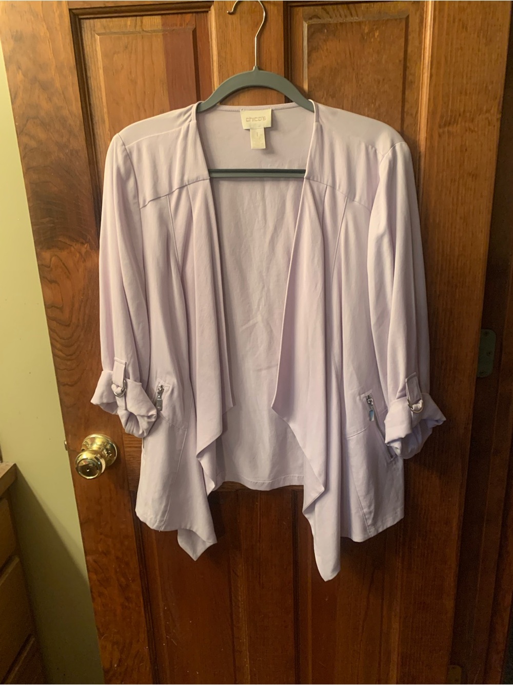 Chico, open front LAVENDER PURPLE draped collar jacket, 2 zip pockets. CLASSY!